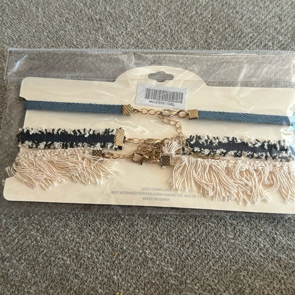 A'GACI Boutique Macrame Denim Chokers Set of 3 Blue Cream Gold Closure Boho - Picture 2 of 2